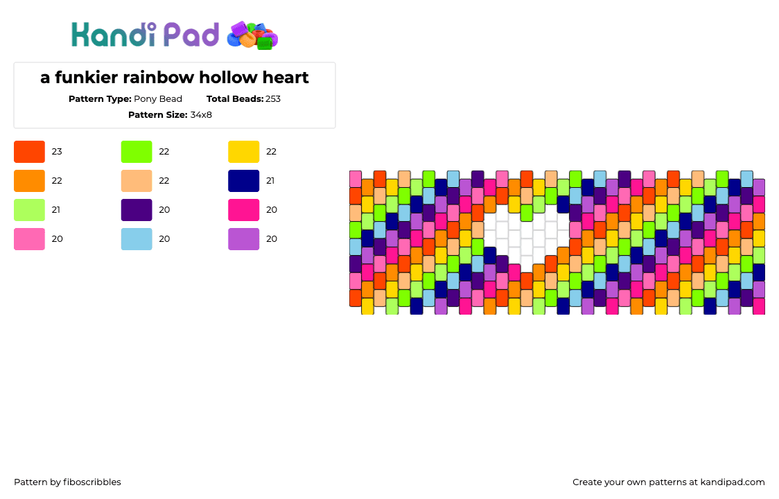 a funkier rainbow hollow heart - Pony Bead Pattern by fiboscribbles on Kandi Pad - neon,heart,rainbow,colorful,diagonal,stripes,cuff,green,purple