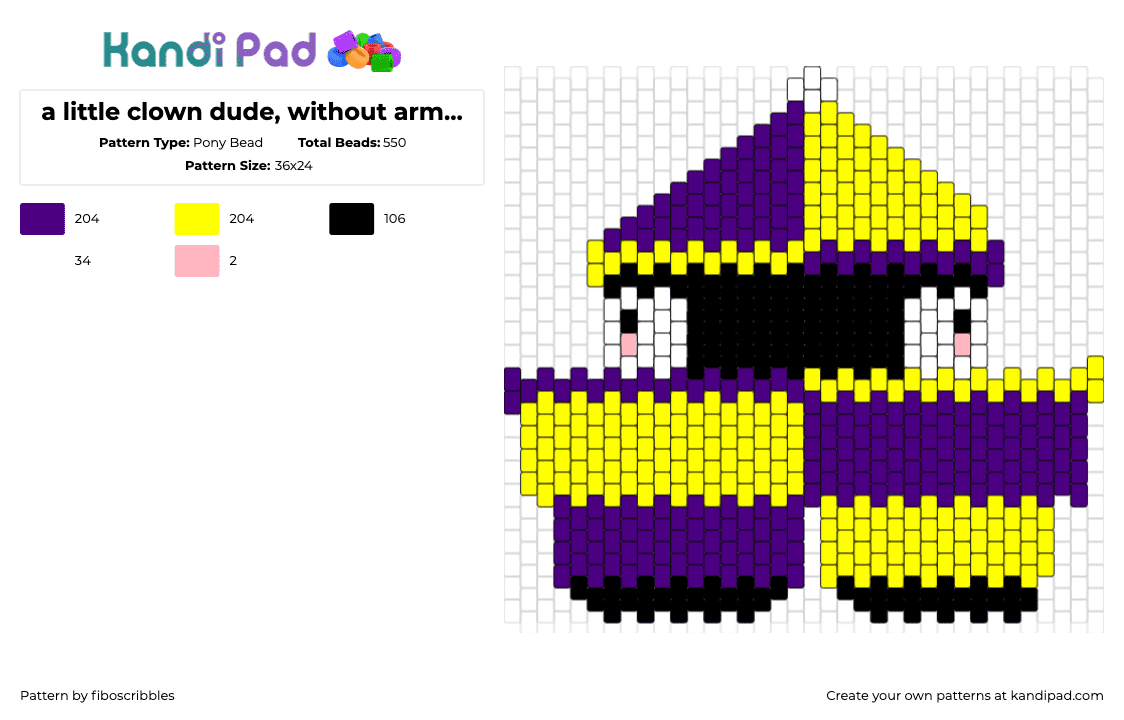 a little clown dude, without arms, bc i have to leave for class now - Pony Bead Pattern by fiboscribbles on Kandi Pad - clown,circus,jester,yellow,purple,black