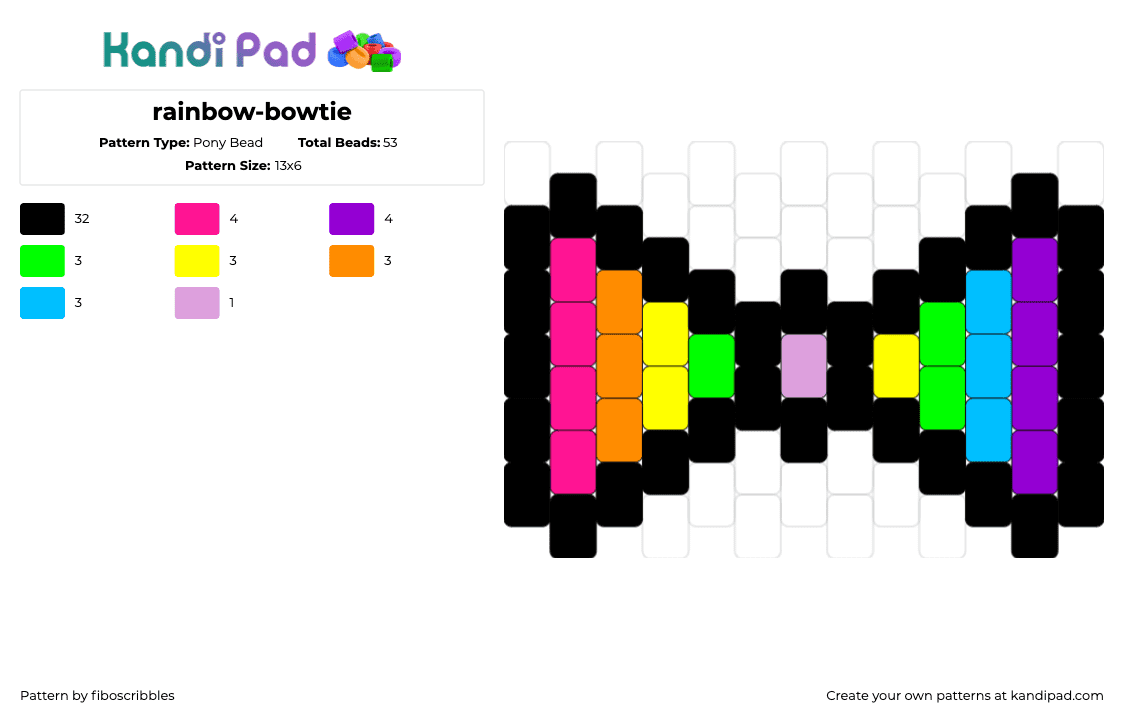 rainbow-bowtie - Pony Bead Pattern by fiboscribbles on Kandi Pad - bowtie,bow,clothing,colorful,pink,green,purple