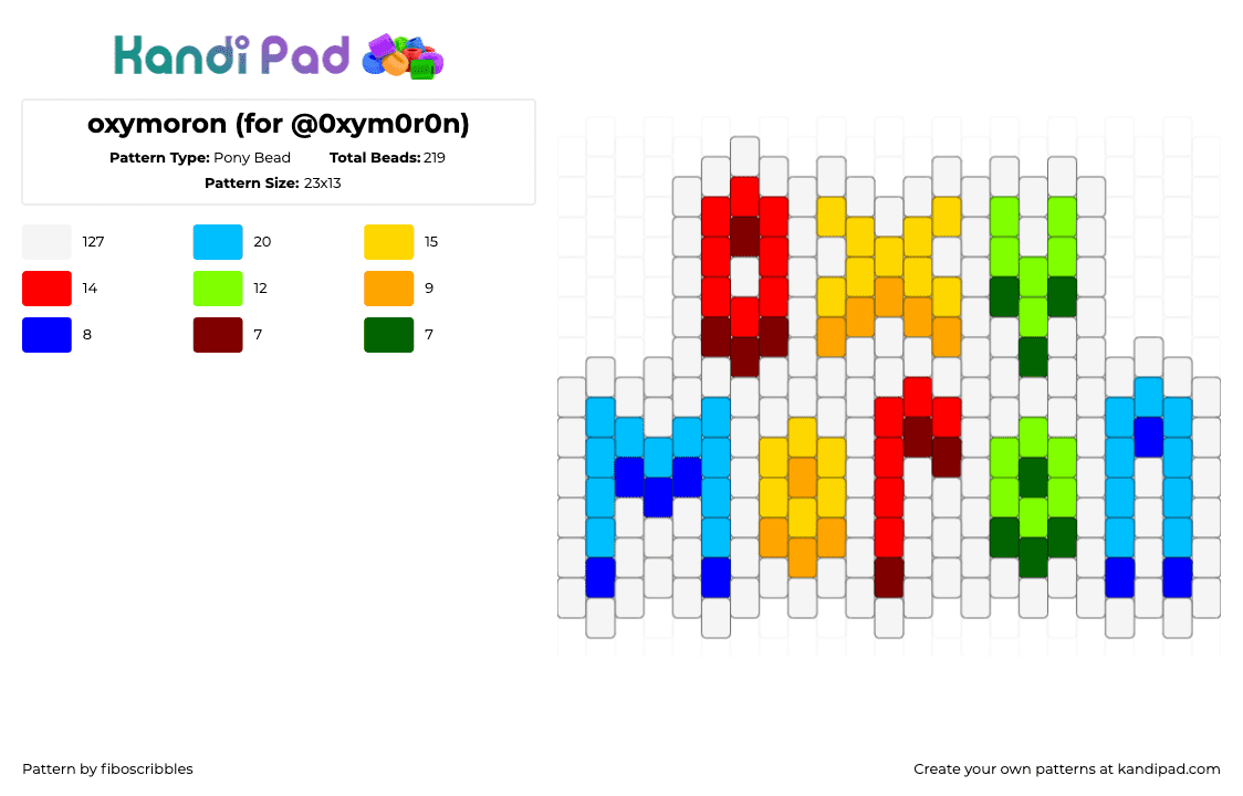 oxymoron (for @0xym0r0n) - Pony Bead Pattern by fiboscribbles on Kandi Pad - oxymoron,text,colorful,charm,white,yellow,red,green,blue