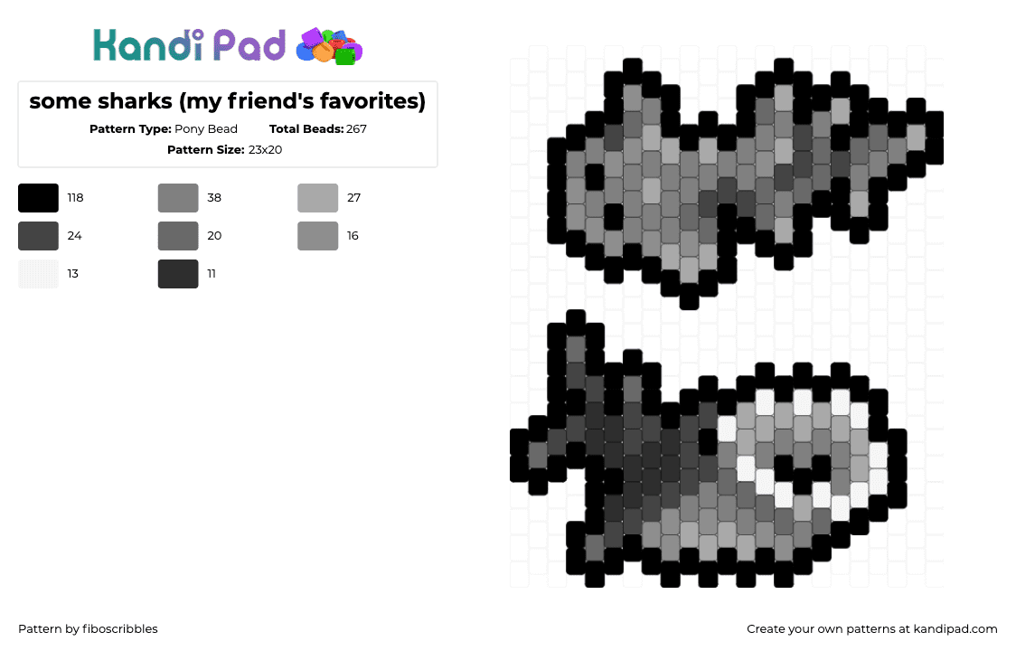 some sharks (my friend\'s favorites) - Pony Bead Pattern by fiboscribbles on Kandi Pad - ray shark,whale shark,charms,black,gray,beige,sharks,animals,ocean,fish,flat