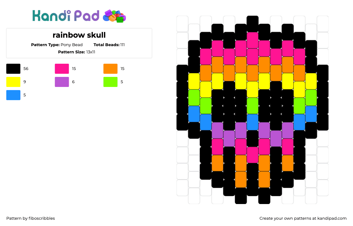 rainbow skull - Pony Bead Pattern by fiboscribbles on Kandi Pad - skull,neon,rainbow,spooky,halloween,colorful,black