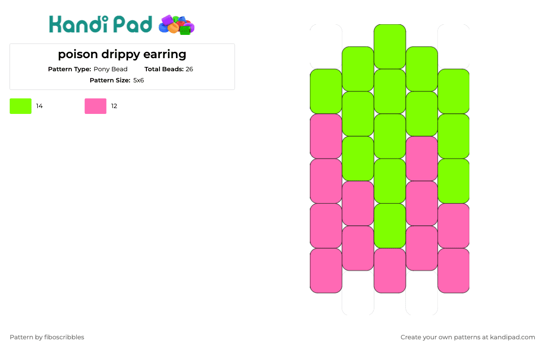 poison drippy earring - Pony Bead Pattern by fiboscribbles on Kandi Pad - poison,earring,drip,charm,statement,edgy,trendy,accessory,fashion,pink,green