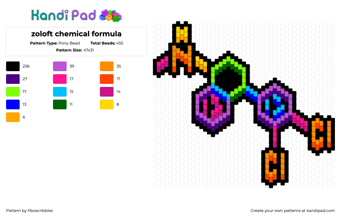 zoloft chemical formula - Pony Bead Pattern by fiboscribbles on Kandi Pad - zoloft,molecule,chemistry,science,colorful,charm,purple,green,orange