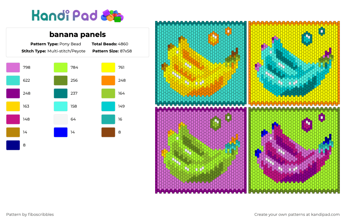 banana panels - Pony Bead Pattern by fiboscribbles on Kandi Pad - light blue,yellow,pink,green
