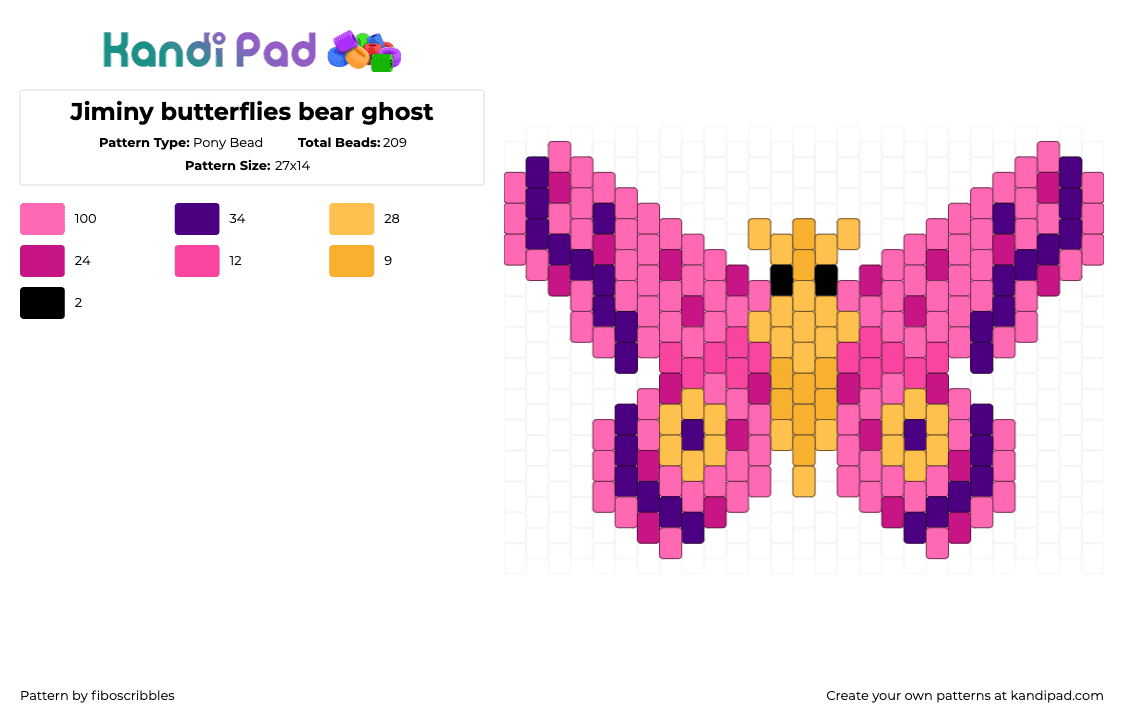 Jiminy butterflies bear ghost - Pony Bead Pattern by fiboscribbles on Kandi Pad - butterfly,insect,jiminy,bear ghost,album,music,winged,pink,yellow