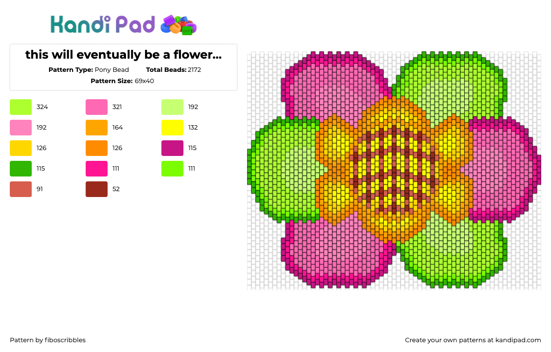 this will eventually be a flower bag - Pony Bead Pattern by fiboscribbles on Kandi Pad - flower,bloom,petals,bag,panel,spring,yellow,pink,green