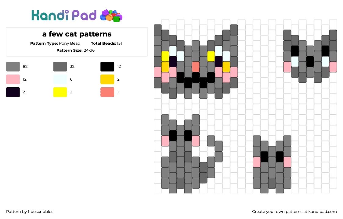 a few cat patterns - Pony Bead Pattern by fiboscribbles on Kandi Pad - cats,kittens,animals,charms,cute,gray