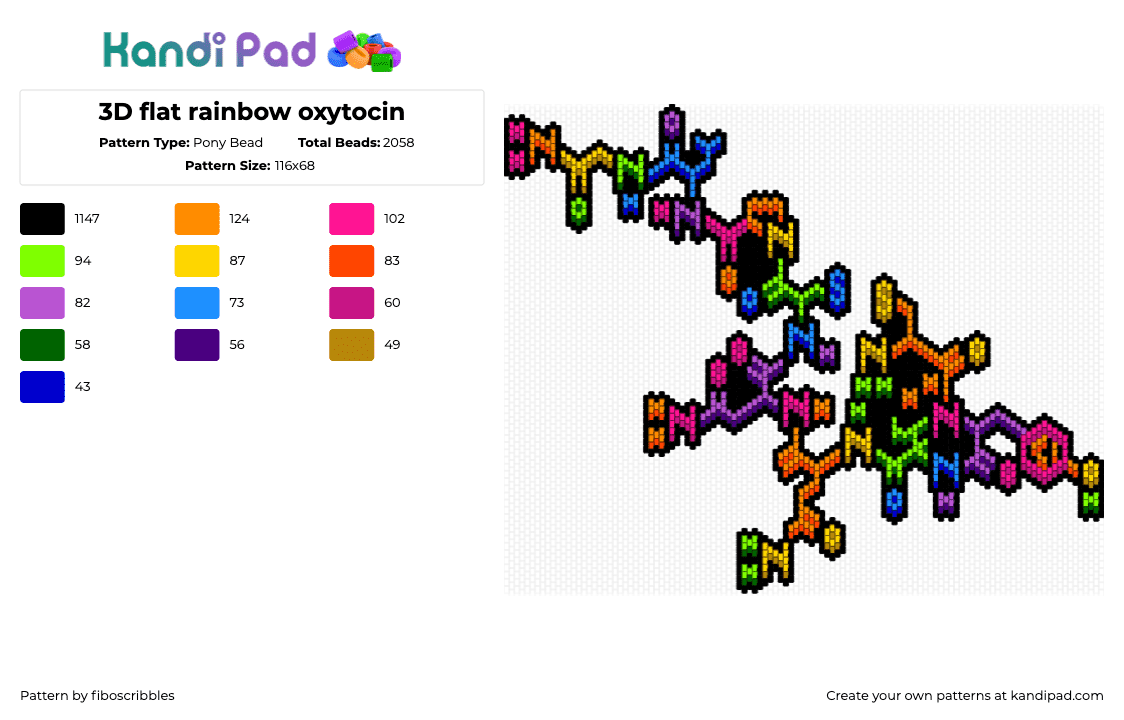 3D flat rainbow oxytocin - Pony Bead Pattern by fiboscribbles on Kandi Pad - oxytocin,molecule,chemistry,science,colorful,charm,pink,orange,green,blue,purple