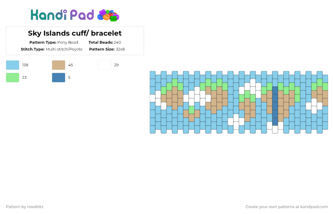 Sky Islands cuff/ bracelet - Pony Bead Pattern by roseblitz on Kandi Pad - light blue,cotdfloatingislands