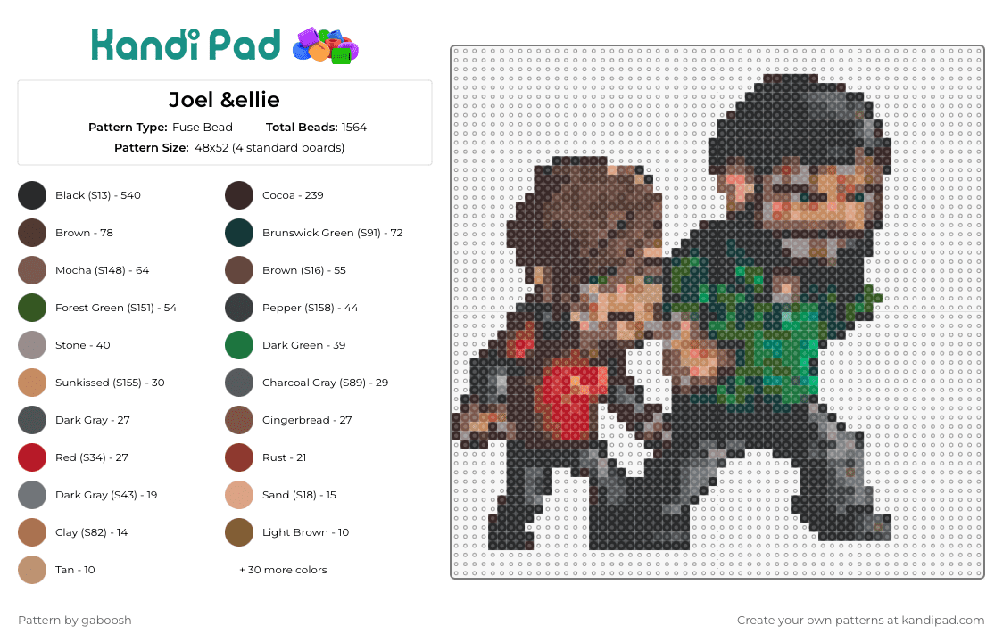 Joel &ellie - Fuse Bead Pattern by gaboosh on Kandi Pad - the last of us,joel,ellie,video game,companionship,adventure,survival,duo,red,green