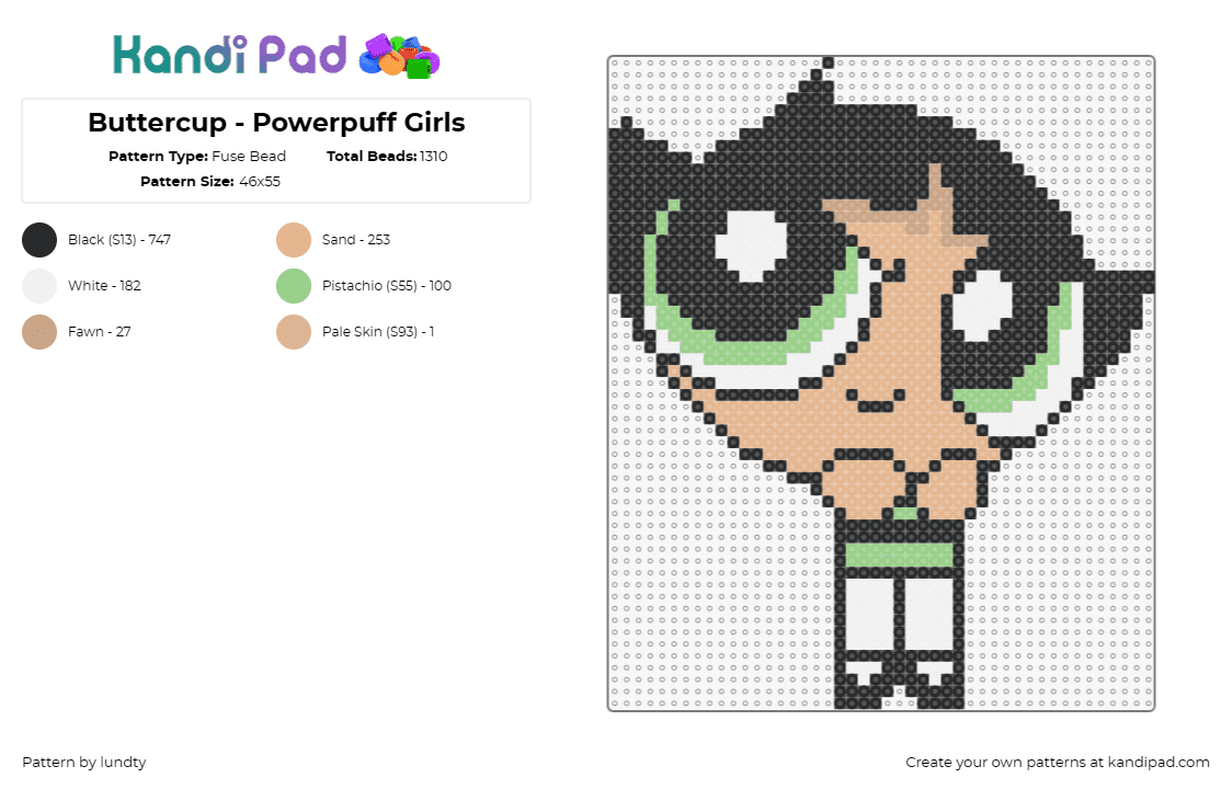 Buttercup - Powerpuff Girls - Fuse Bead Pattern by lundty on Kandi Pad - buttercup,powerpuff girls,character,cartoon,superhero,tough,animated,green,tan