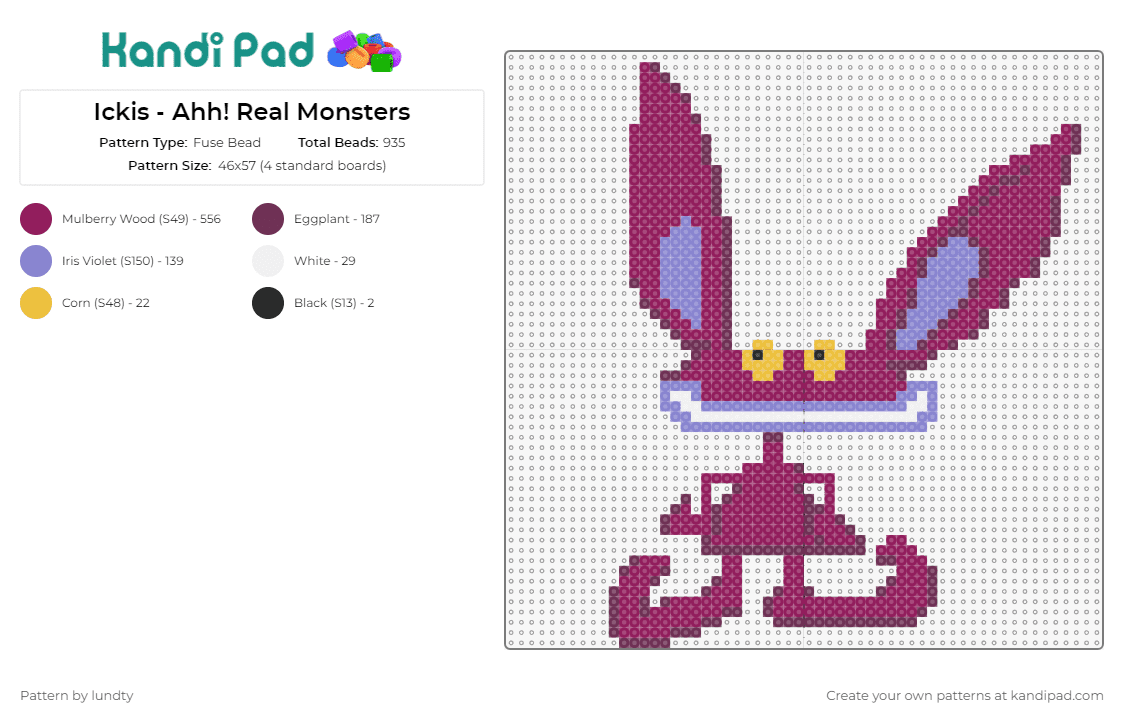 Ickis - Ahh! Real Monsters - Fuse Bead Pattern by lundty on Kandi Pad - ickis,aaahh real monsters,cartoon,monster,animated,90s tv,magenta,purple