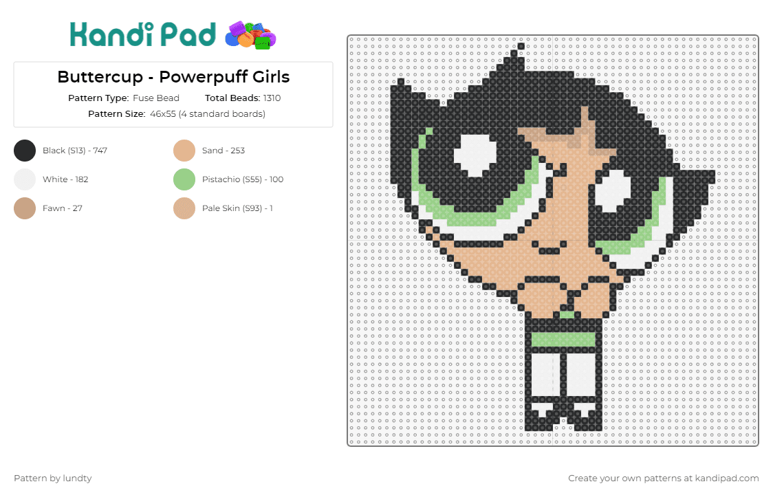 Buttercup - Powerpuff Girls - Fuse Bead Pattern by lundty on Kandi Pad - buttercup,powerpuff girls,cartoon network,character,superhero,fighter,tough,animated,green,tan