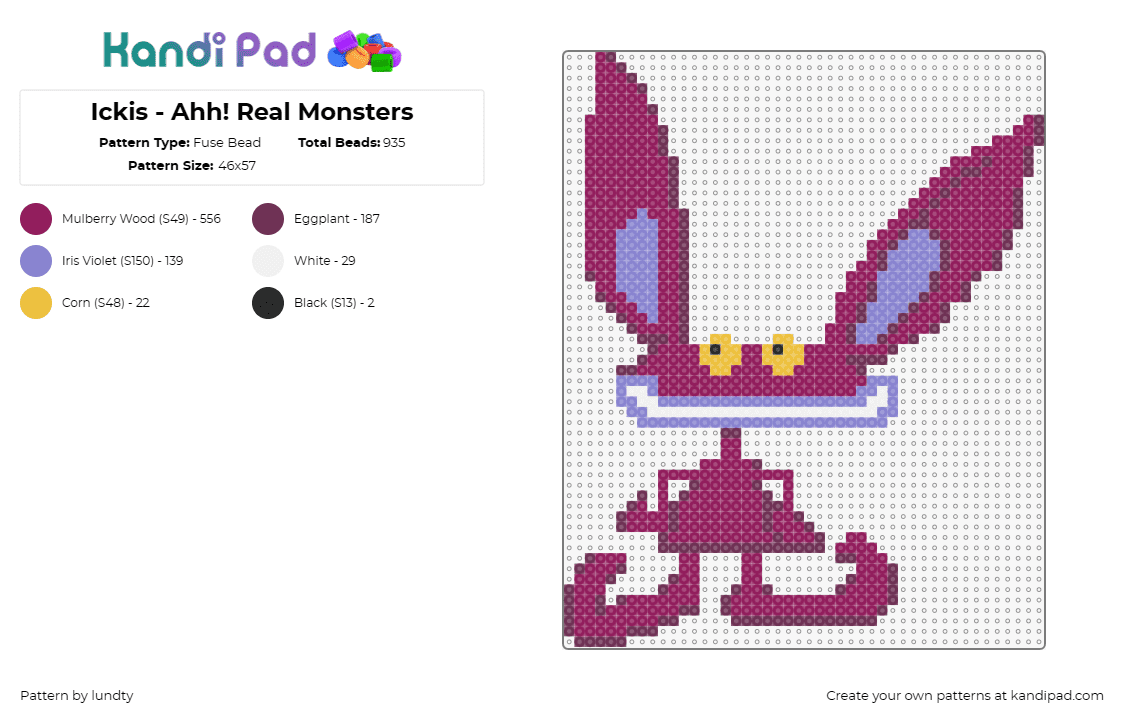 Ickis - Ahh! Real Monsters - Fuse Bead Pattern by lundty on Kandi Pad - ickis,aaahh real monsters,cartoon,monster,animated,90s tv,magenta,purple