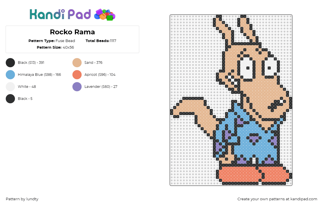 Rocko Rama - Fuse Bead Pattern by lundty on Kandi Pad - rockos modern life,animation,nostalgic,quirky,beloved character,classic,tan,blue