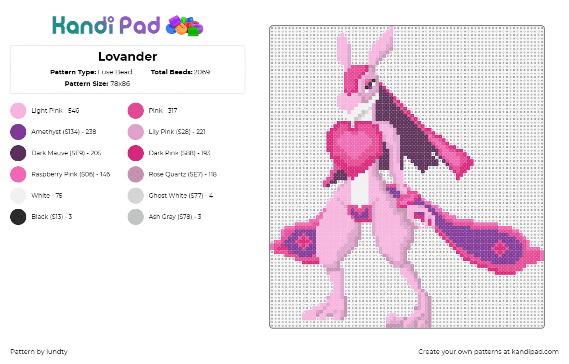 Lovander - Fuse Bead Pattern by lundty on Kandi Pad - lovander,palworld,creature,adventurous,playful,animated,fantasy,pink