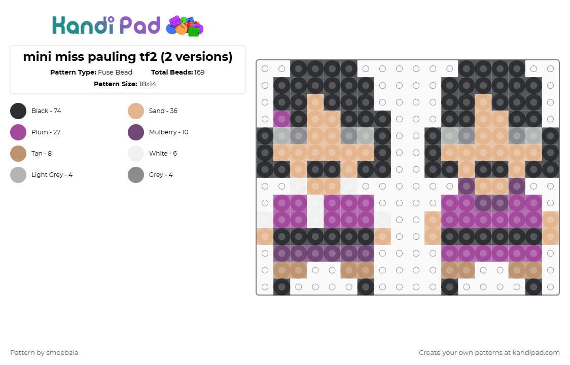 mini miss pauling tf2 2 versions (READ DESC) - Fuse Bead Pattern by smeebala on Kandi Pad - beige,pink,small,tf2,miss pauling,pauling,mini,purple,team fortress 2