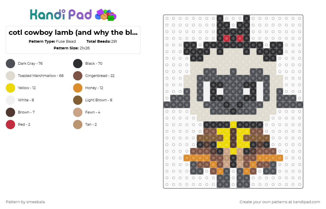 cotl cowboy lamb (and why the blunderbuss is the best cotl weapon) - Fuse Bead Pattern by smeebala on Kandi Pad - beige,gray,tan,cotl,cult of the lamb,lamb,cowboy,blunderbuss