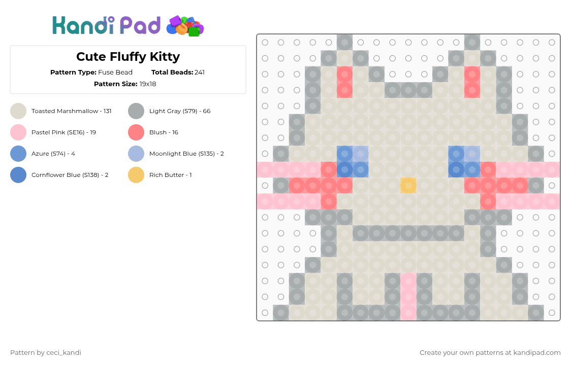Cute Fluffy Kitty - Fuse Bead Pattern by ceci_kandi on Kandi Pad - gray,beige