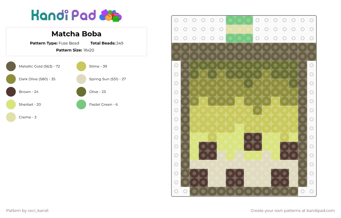 Matcha Boba - Fuse Bead Pattern by ceci_kandi on Kandi Pad - tan,green,gold