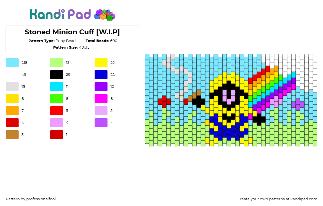 Stoned Minion Cuff [W.I.P] - Pony Bead Pattern by professionalfool on Kandi Pad - minion,marijuana,weed,pot,drugs,smoking,cuff,funny,colorful,light blue,green,yel