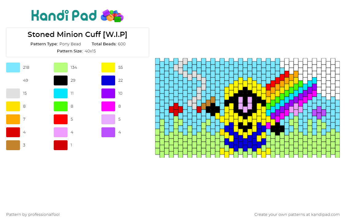 Stoned Minion Cuff [W.I.P] - Pony Bead Pattern by professionalfool on Kandi Pad - rainbows,minion,pot,marijuana,stoned,cuff