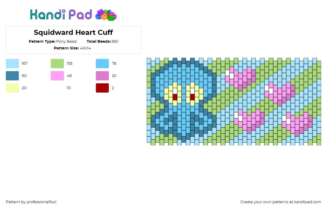 Squidward Heart Cuff - Pony Bead Pattern by professionalfool on Kandi Pad - squidward,spongebob squarepants,hearts,character,nickelodeon,cuff,cartoon,tv show,yellow