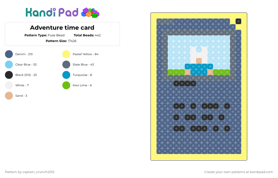 Adventure time card - Fuse Bead Pattern by captain_crunch2012 on Kandi Pad - yellow,blue,cotdtradingcards,finn,adventure time,card,cartoon network,easy,trading card,adventure