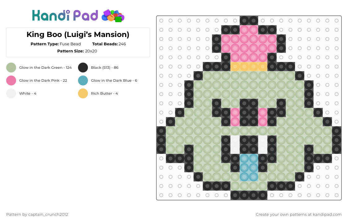 King Boo (Luigi’s Mansion) - Fuse Bead Pattern by captain_crunch2012 on Kandi Pad - beige,luigis mansion,boo,king boo,nintendo,ghost,gamecube,king,glow in the dark