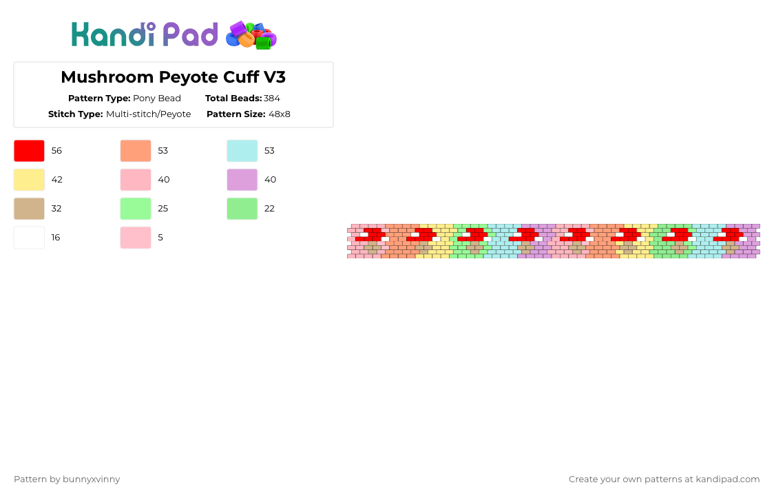 Mushroom Peyote Cuff V3 - Pony Bead Pattern by bunnyxvinny on Kandi Pad - pink,orange,light blue,red,mushroom,peyote,clean,mushroom peyote,vinny