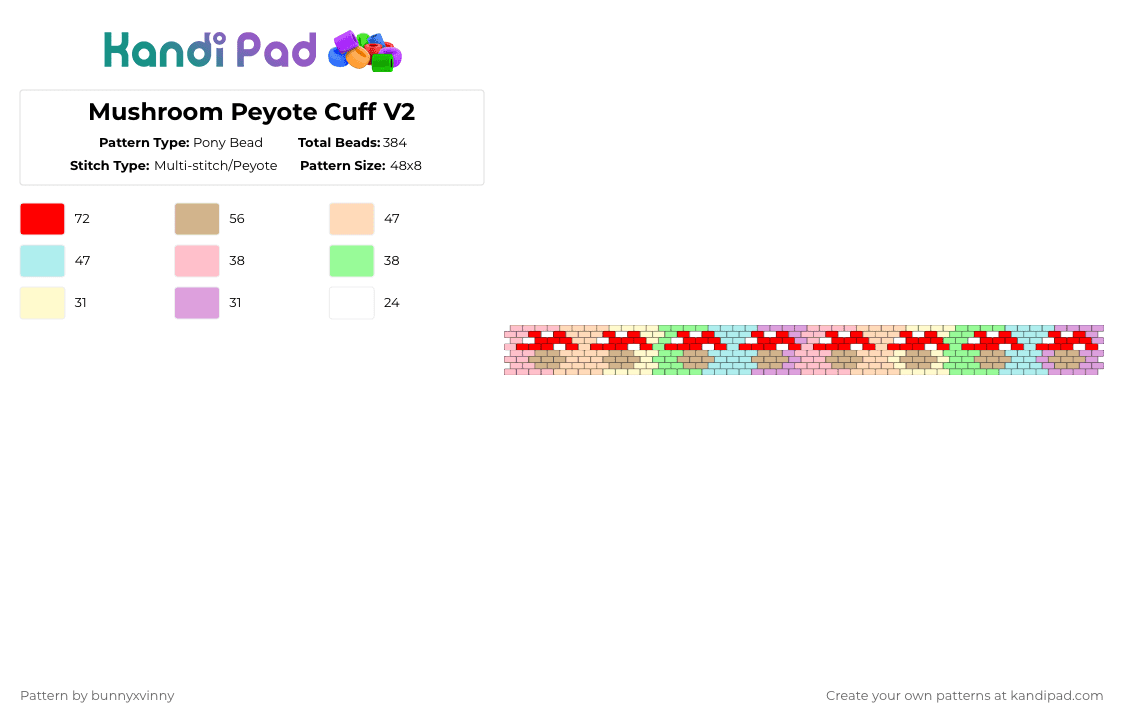 Mushroom Peyote Cuff V2 - Pony Bead Pattern by bunnyxvinny on Kandi Pad - pink,beige,red,mushroom,peyote,clean,mushroom peyote,vinny