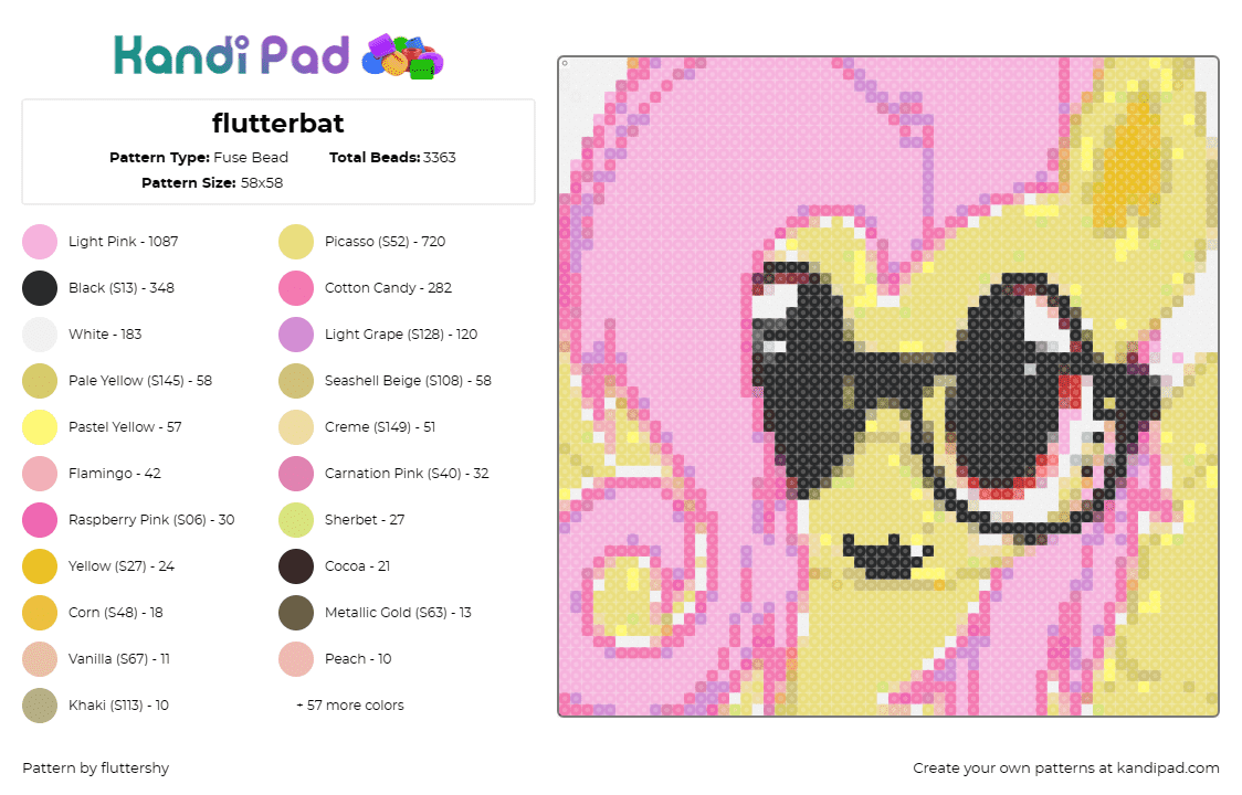 flutterbat - Fuse Bead Pattern by fluttershy on Kandi Pad - flutterbat,fluttershy,my little pony,mlp,whimsical,character,playful,vibrant,yel