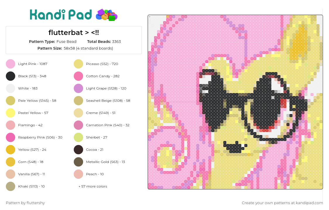 flutterbat - Fuse Bead Pattern by fluttershy on Kandi Pad - flutterbat,fluttershy,my little pony,mlp,whimsical,character,playful,vibrant,yellow,pink