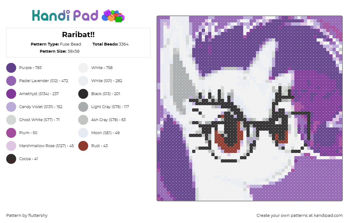 Raribat!! - Fuse Bead Pattern by fluttershy on Kandi Pad - raribat,rarity,my little pony,mlp,whimsical,enchanting,stylish,fantasy,collector