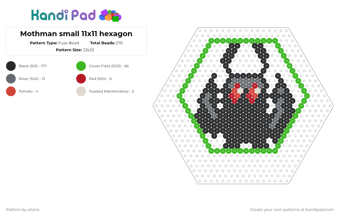 Mothman small 11x11 hexagon - Fuse Bead Pattern by aliana on Kandi Pad - black,green