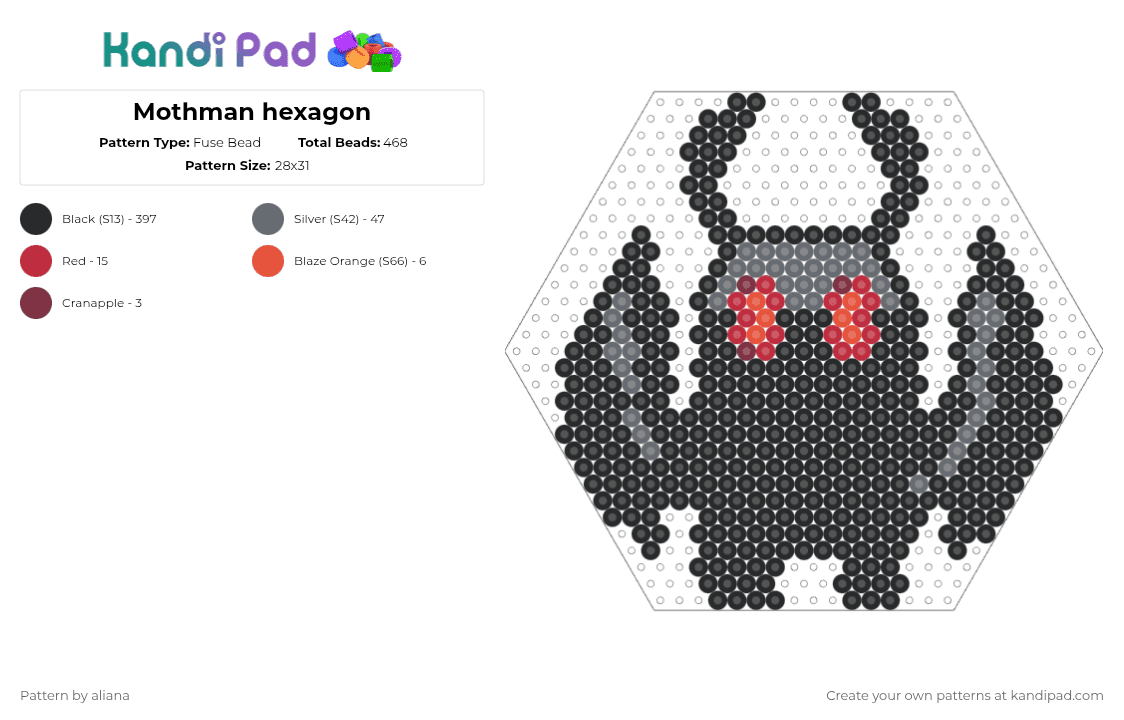 Mothman hexagon - Fuse Bead Pattern by aliana on Kandi Pad - black,gray,spooky,scary,halloween,emo,goth,dark,creature