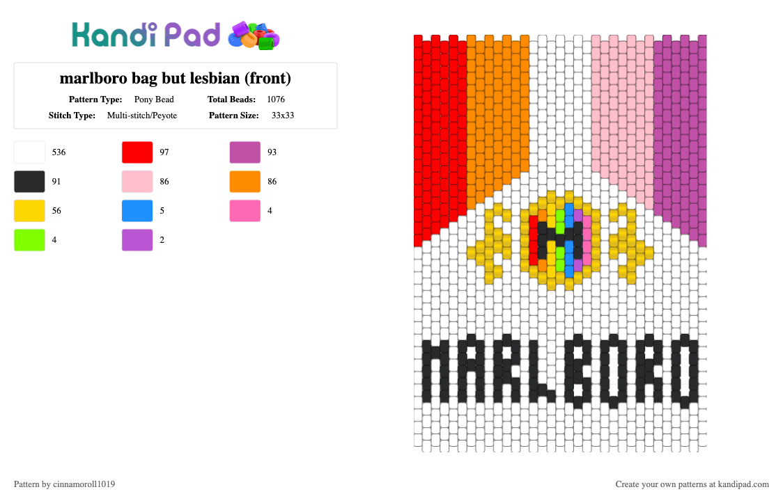 marlboro bag but lesbian (front) - Pony Bead Pattern by cinnamoroll1019 on Kandi Pad - white,pink,orange,red,lesbian,marlboro,pride,bag,purse