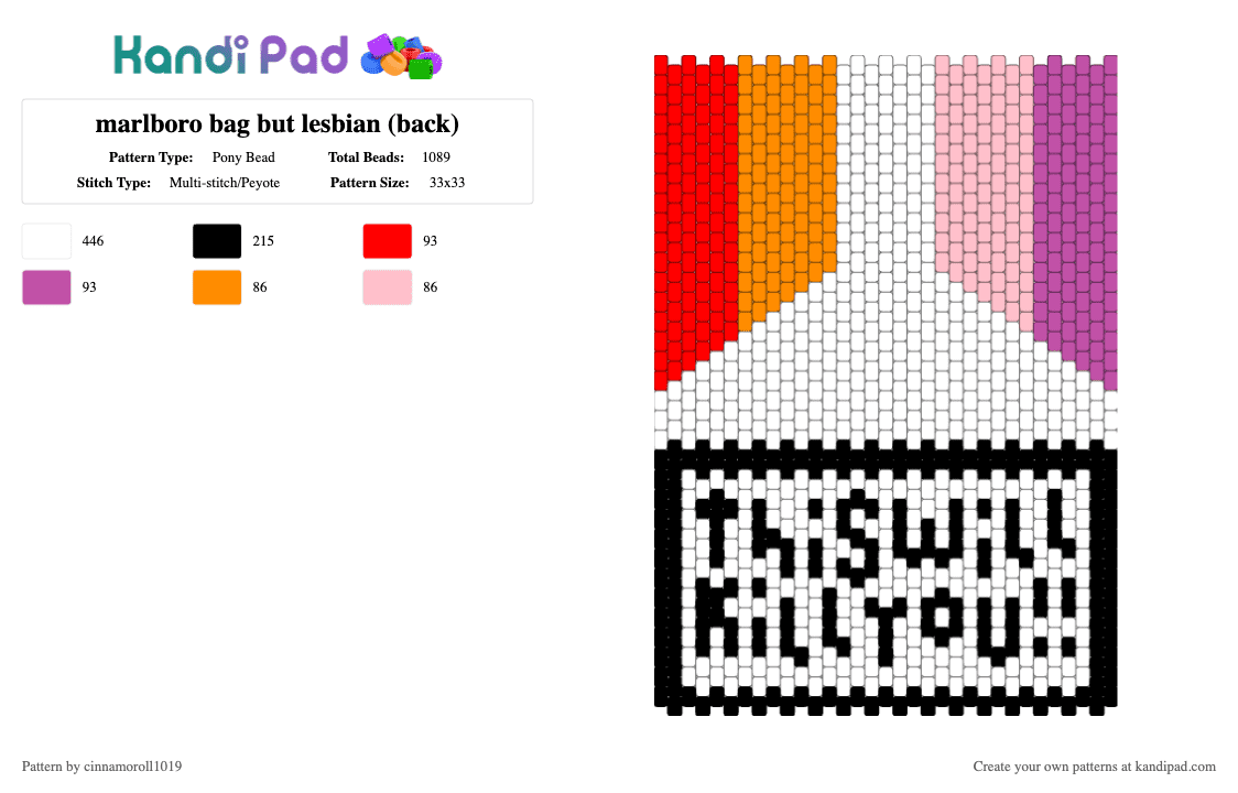 marlboro bag but lesbian (back) - Pony Bead Pattern by cinnamoroll1019 on Kandi Pad - white,pink