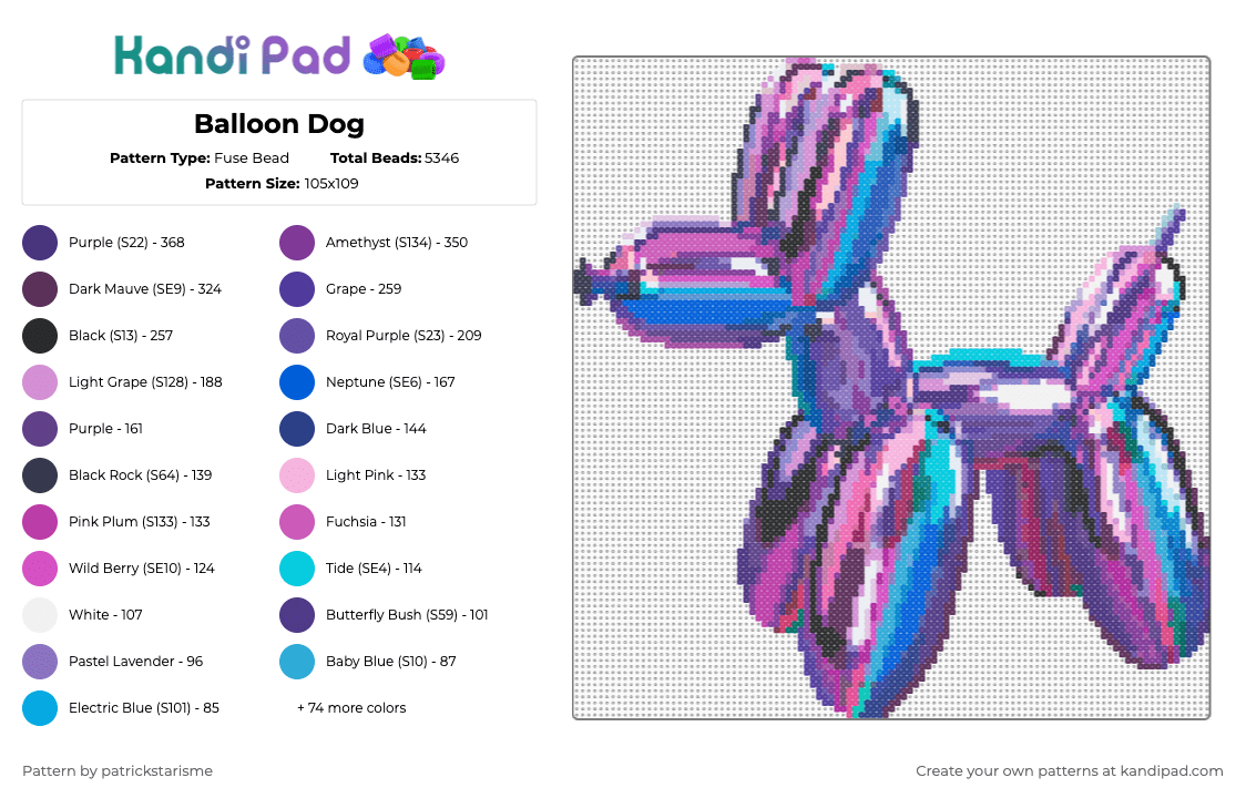 Balloon Dog - Fuse Bead Pattern by patrickstarisme on Kandi Pad - blue, pink, purple