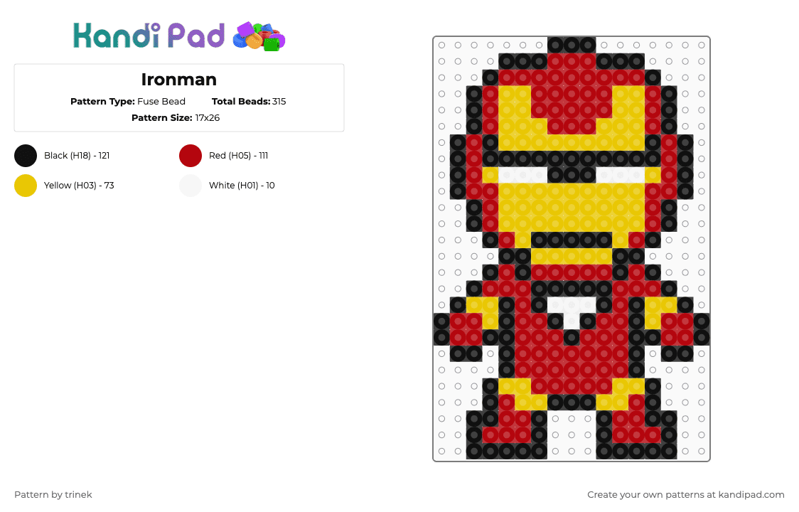 Ironman - Fuse Bead Pattern by trinek on Kandi Pad - red,yellow