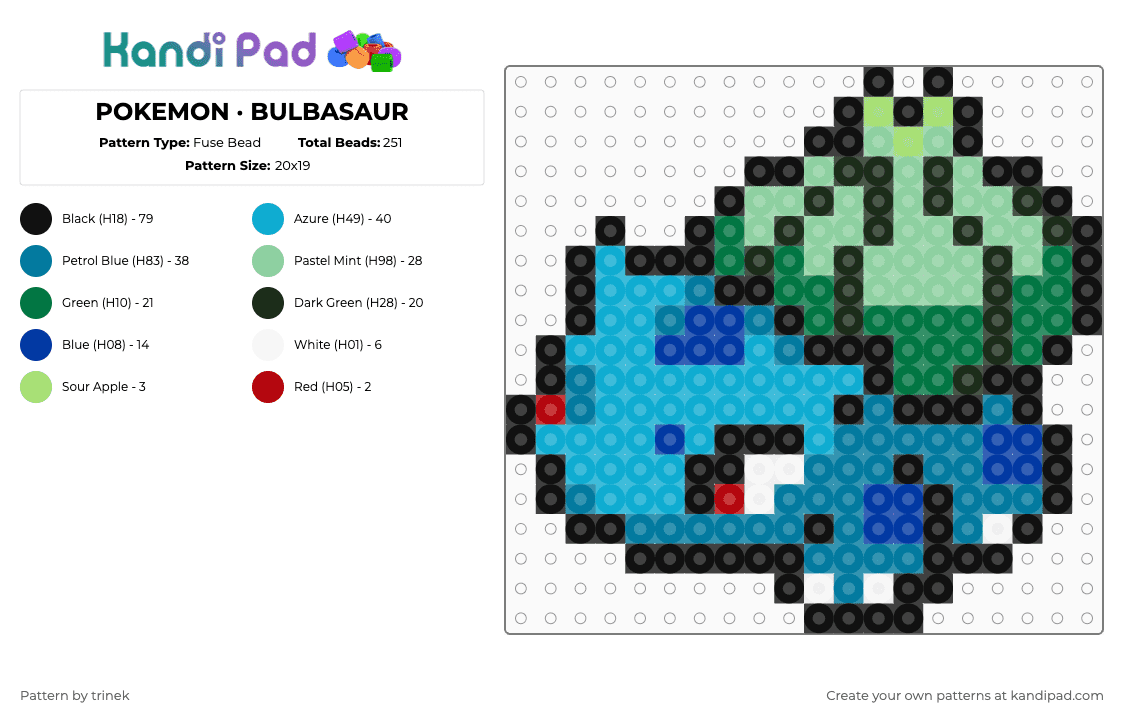 POKEMON · BULBASAUR - Fuse Bead Pattern by trinek on Kandi Pad - blue,light blue,teal