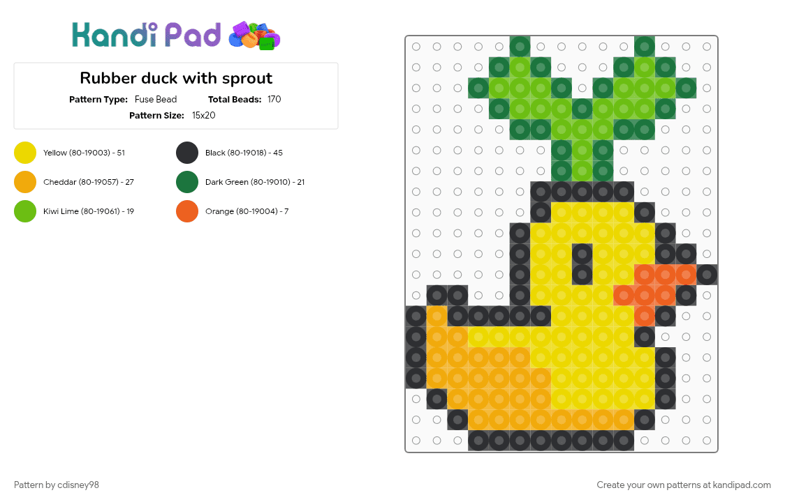 Rubber duck with sprout - Fuse Bead Pattern by cdisney98 on Kandi Pad - green, yellow