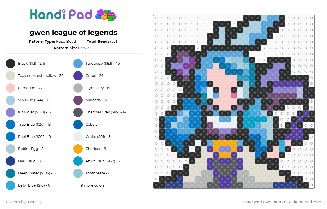 gwen league of legends - Fuse Bead Pattern by asheijily on Kandi Pad - black,beige,light blue,blue