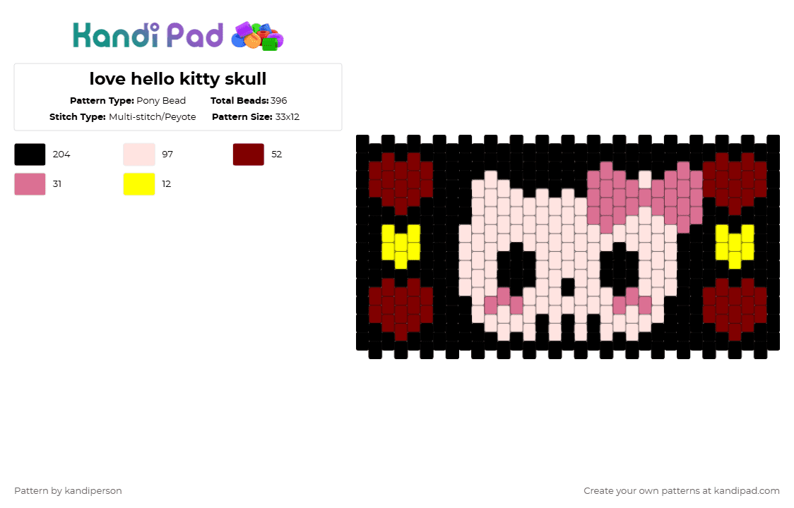love hello kitty skull - Pony Bead Pattern by kandiperson on Kandi Pad - black,white,brown,pink