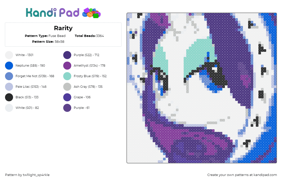 Rarity - Fuse Bead Pattern by tw1light_sp4rkle on Kandi Pad - rarity,my little pony,mlp,character,animation,expressive,fantasy,mane,eyes,purpl