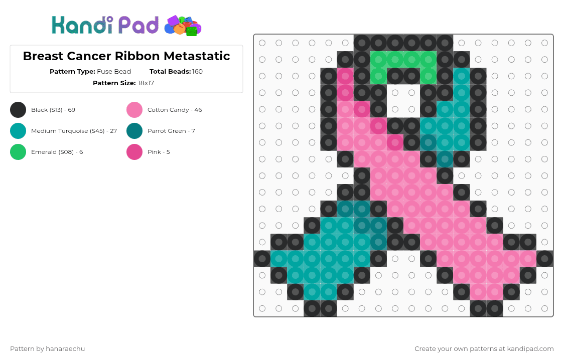 Breast Cancer Ribbon Metastatic - Fuse Bead Pattern by hanaraechu on Kandi Pad - pink,teal,breast cancer,awareness,october,ribbon,cancer,metastatic
