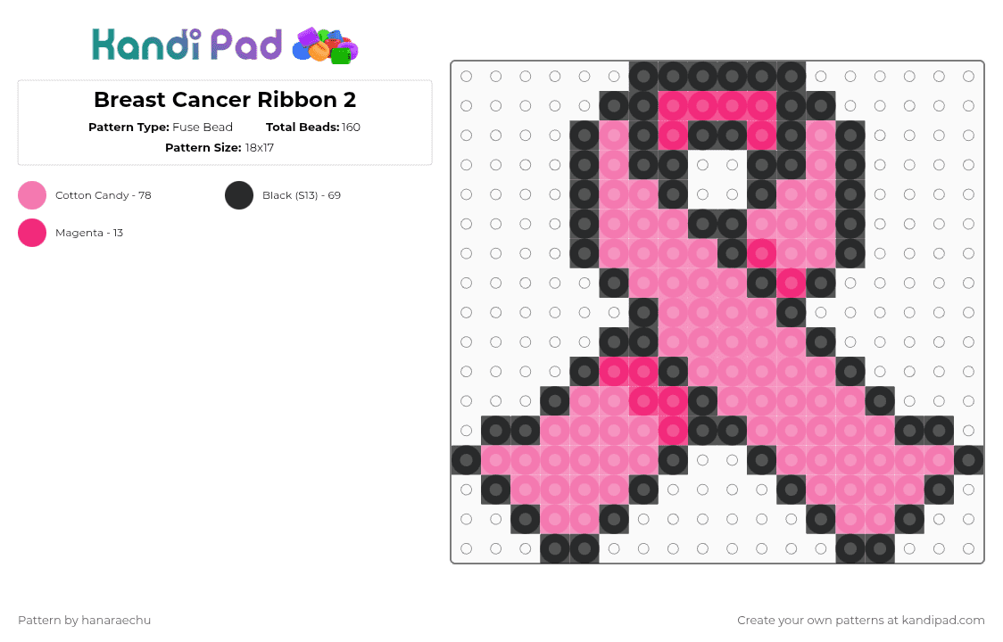 Breast Cancer Ribbon 2 - Fuse Bead Pattern by hanaraechu on Kandi Pad - black,pink,breast cancer,awareness,october,ribbon,cancer