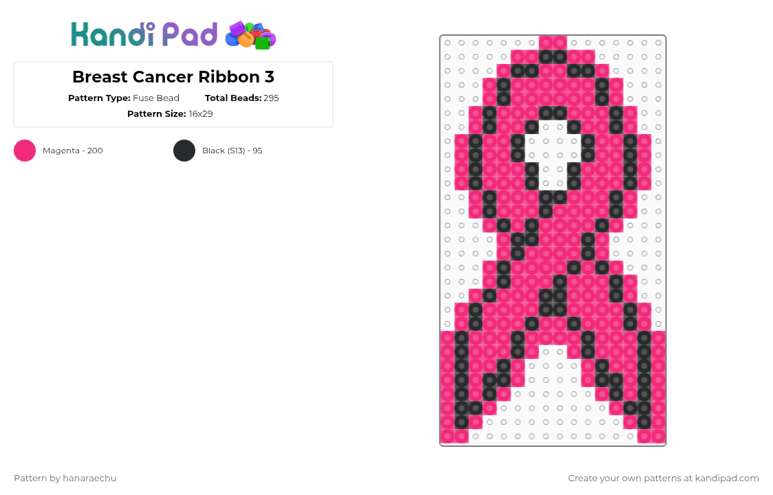 Breast Cancer Ribbon 3 - Fuse Bead Pattern by hanaraechu on Kandi Pad - pink,black,breast cancer,cancer,ribbon,awareness