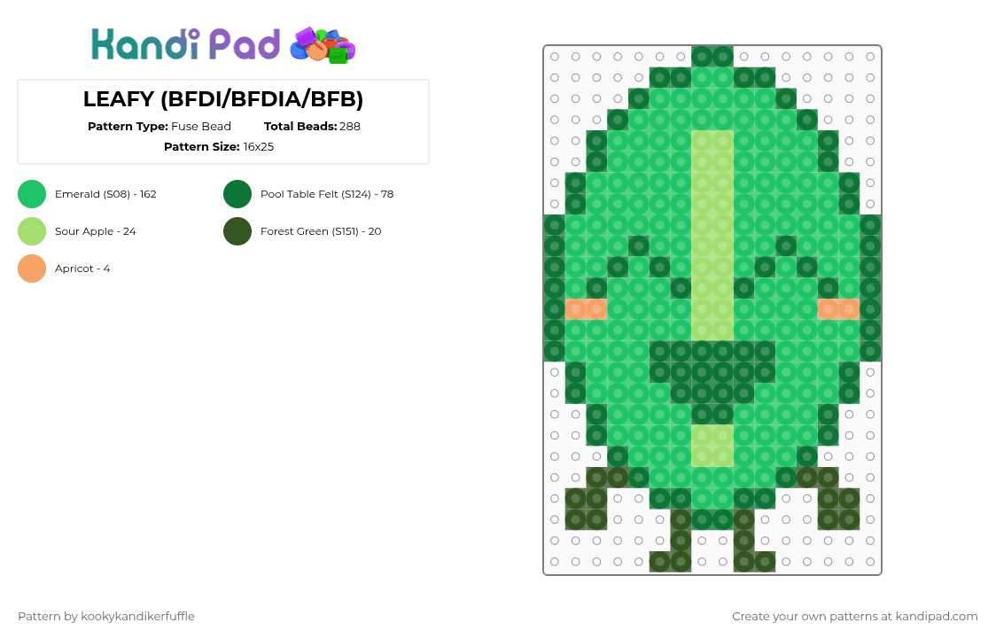 LEAFY (BFDI/BFDIA/BFB) - Fuse Bead Pattern by kookykandikerfuffle on Kandi Pad - green